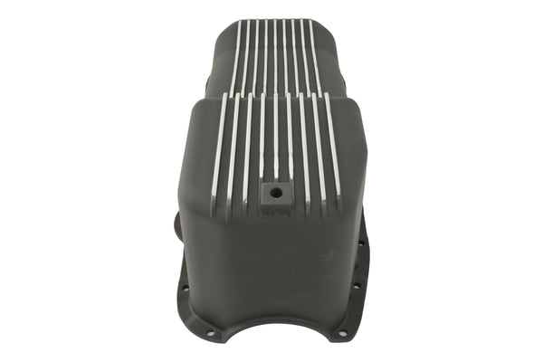 ALUMINUM 1980-85 CHEVY SB 262-400 STOCK CAPACITY OIL PAN - RETRO POLISHED FINNED BAFFLED - BLACK