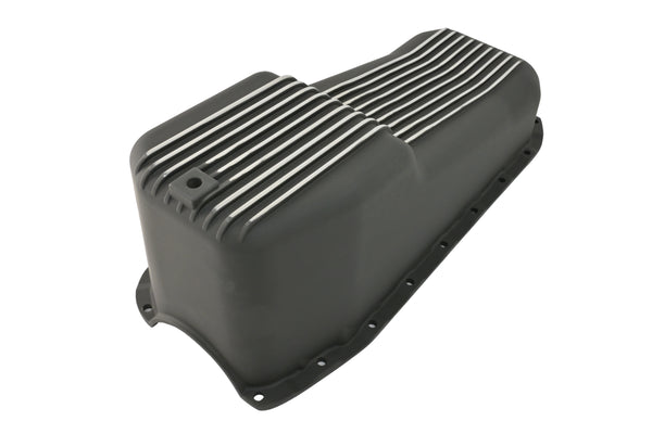 ALUMINUM 1980-85 CHEVY SB 262-400 STOCK CAPACITY OIL PAN - RETRO POLISHED FINNED BAFFLED - BLACK
