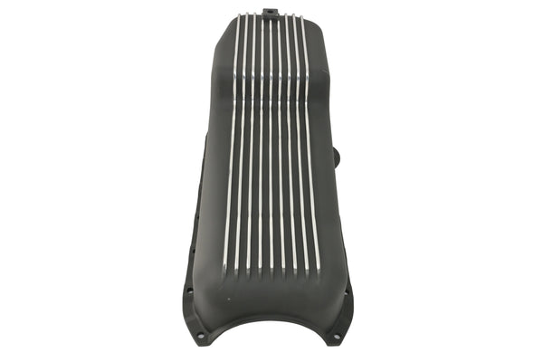 ALUMINUM 1980-85 CHEVY SB 262-400 STOCK CAPACITY OIL PAN - RETRO POLISHED FINNED BAFFLED - BLACK