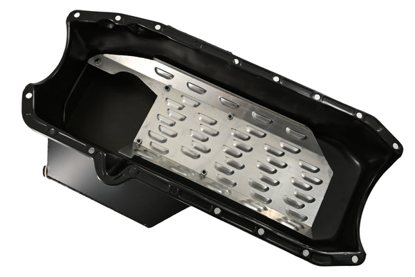 STEEL 1980-85 CHEVY SB 305-427 ROAD RACING OIL PAN W- WINDAGE TRAY - BLACK