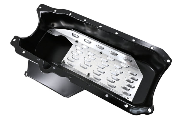 STEEL 1986-2002 CHEVY SB 305-427 ROAD RACING OIL PAN W- WINDAGE TRAY - BLACK