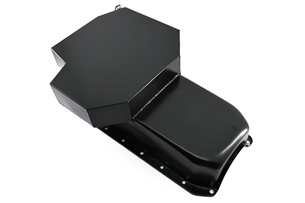 STEEL 1986-2002 CHEVY SB 305-427 ROAD RACING OIL PAN W- WINDAGE TRAY - BLACK