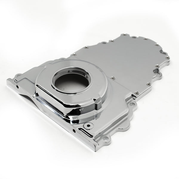 ALUMINUM CHEVY LS TWO PIECE TIMING CHAIN COVER W-O CAM SENSOR HOLE - CHROME
