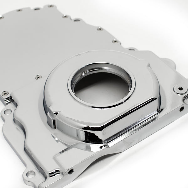 ALUMINUM CHEVY LS TWO PIECE TIMING CHAIN COVER W-O CAM SENSOR HOLE - CHROME