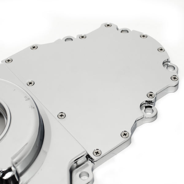 ALUMINUM CHEVY LS TWO PIECE TIMING CHAIN COVER W-O CAM SENSOR HOLE - CHROME