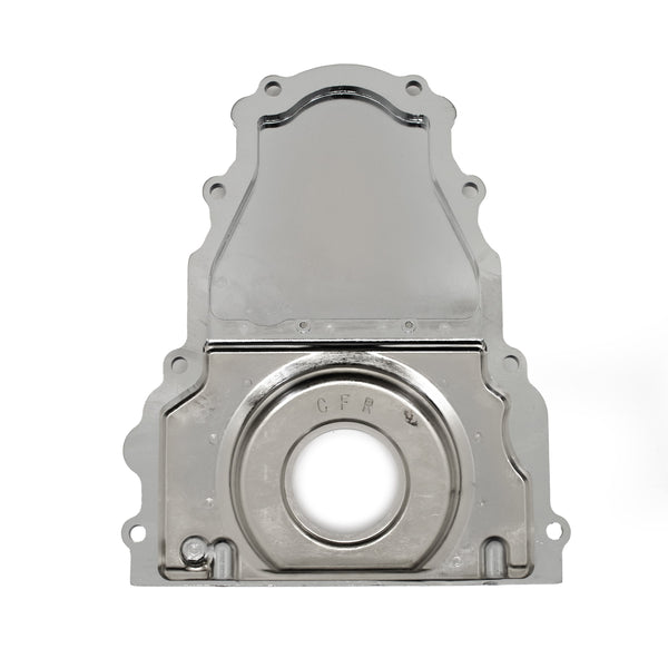 ALUMINUM CHEVY LS TWO PIECE TIMING CHAIN COVER W-O CAM SENSOR HOLE - CHROME