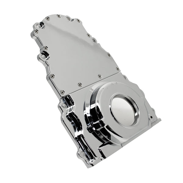 ALUMINUM CHEVY LS TWO PIECE TIMING CHAIN COVER W-O CAM SENSOR HOLE - CHROME
