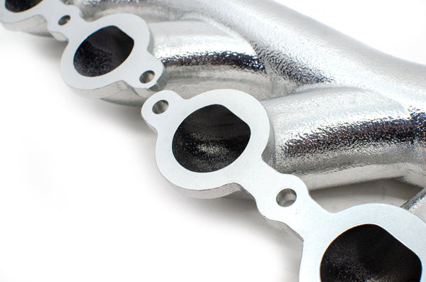 CAST IRON EXHAUST MANIFOLD – PASSENGER SIDE – V-BAND CLAMP – 2002–2012 CHEVY LS – CERAMIC SILVER