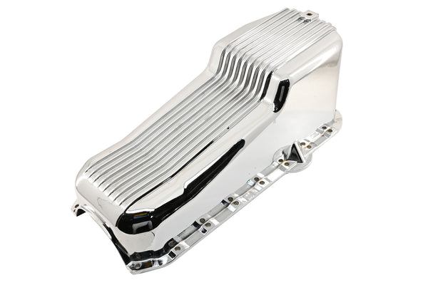 Aluminum Oil Pan – Fits 1980–1985 Chevy SB 283–350 – Stock 4‑Quart – Retro Finned – Chrome
