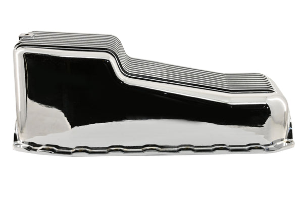 Aluminum Oil Pan – Fits 1980–1985 Chevy SB 283–350 – Stock 4‑Quart – Retro Finned – Chrome
