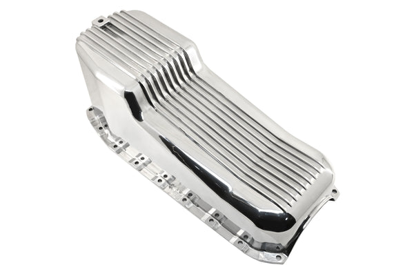 Aluminum Oil Pan – Fits 1980–1985 Chevy SB 283–350 – Stock 4‑Quart – Retro Finned – Polished