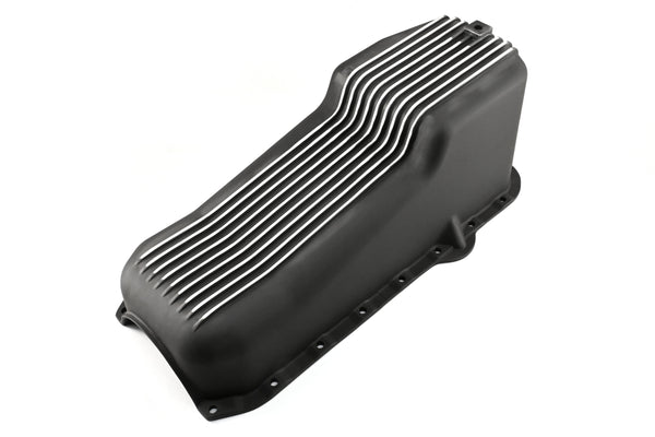 Aluminum Oil Pan – Fits 1980–1985 Chevy SB 283–350 – Stock 4‑Quart – Retro Finned – Black