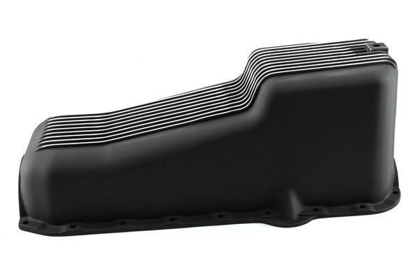 Aluminum Oil Pan – Fits 1980–1985 Chevy SB 283–350 – Stock 4‑Quart – Retro Finned – Black