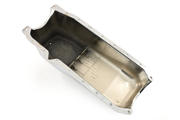 Aluminum Oil Pan – Fits 1986–2002 Chevy Small Block 262–400 – Retro Finned – Chrome Finish