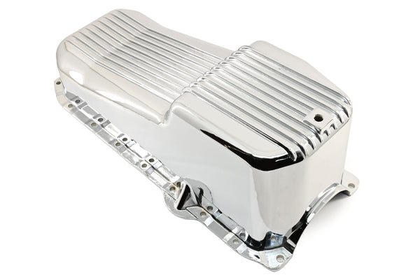 Aluminum Oil Pan – Fits 1986–2002 Chevy Small Block 262–400 – Retro Finned – Chrome Finish