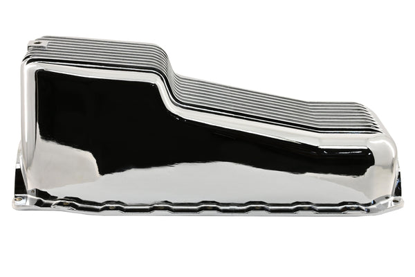 Aluminum Oil Pan – Fits 1986–2002 Chevy Small Block 262–400 – Retro Finned – Chrome Finish