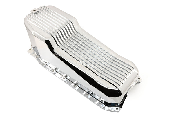 Aluminum Oil Pan – Fits 1986–2002 Chevy Small Block 262–400 – Retro Finned – Chrome Finish