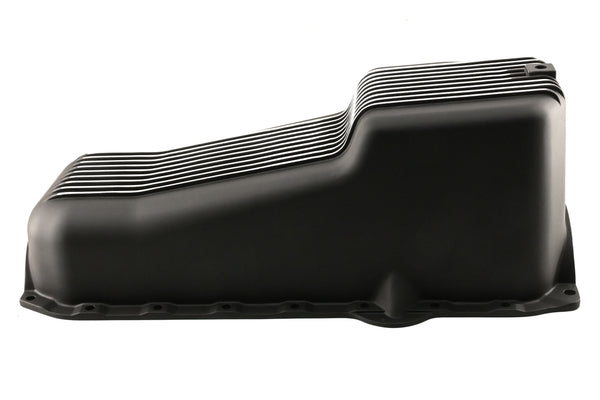Aluminum Oil Pan – Fits 1986–2002 Chevy Small Block 262–400 – Retro Finned – Black Finish