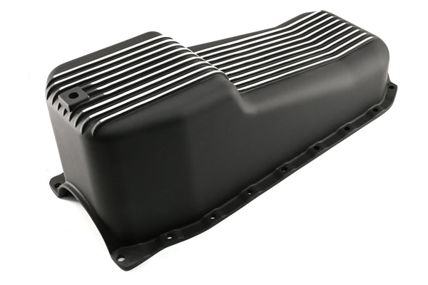 Aluminum Oil Pan – Fits 1986–2002 Chevy Small Block 262–400 – Retro Finned – Black Finish