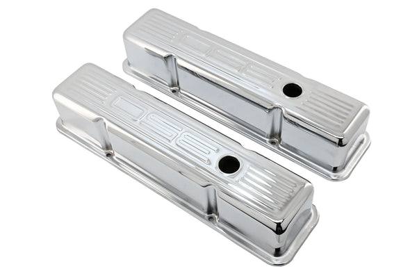 Tall Steel Valve Covers – Fits 1958–1986 Chevy Small Block 283‑305‑327‑350 (Stamped “350” Logo, 1 Hole Each) – Chrome Finish