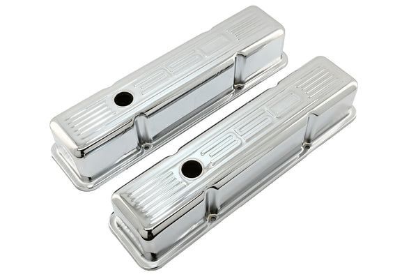 Tall Steel Valve Covers – Fits 1958–1986 Chevy Small Block 283‑305‑327‑350 (Stamped “350” Logo, 1 Hole Each) – Chrome Finish