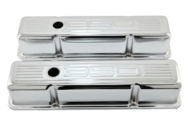 Tall Steel Valve Covers – Fits 1958–1986 Chevy Small Block 283‑305‑327‑350 (Stamped “350” Logo, 1 Hole Each) – Chrome Finish