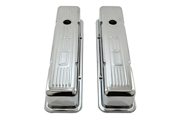 Tall Steel Valve Covers – Fits 1958–1986 Chevy Small Block 283‑305‑327‑350 (Stamped “350” Logo, 1 Hole Each) – Chrome Finish