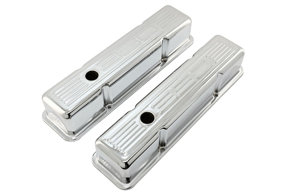 Tall Steel Valve Covers – Fits 1958–1986 Chevy Small Block 283‑305‑327‑350 (Stamped “350” Logo, 1 Hole Each) – Chrome Finish