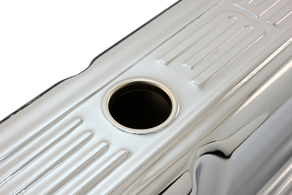 Tall Steel Valve Covers – Fits 1958–1986 Chevy Small Block 283‑305‑327‑350 (Stamped “350” Logo, 1 Hole Each) – Chrome Finish