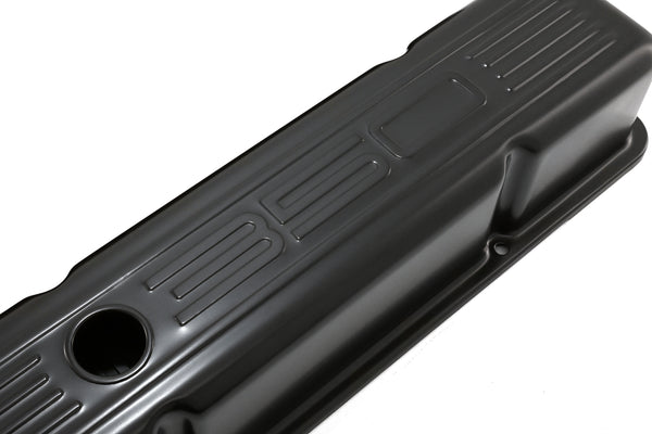 Tall Steel Valve Covers – Fits 1958–1986 Chevy Small Block 283‑305‑327‑350 (Stamped “350” Logo, 1 Hole Each) – Black Finish