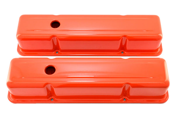Steel Tall Valve Covers – Fits 1958–86 Chevy Small Block 283-400 – 1 Hole – Orange