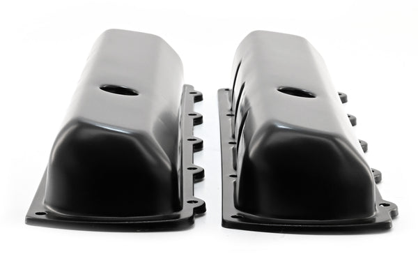 Steel Valve Covers – Fits 1964–1980 Oldsmobile 330‑350‑400‑425‑455 (Stock Height, 1 Push‑In Hole, Smooth Top) – Black Finish
