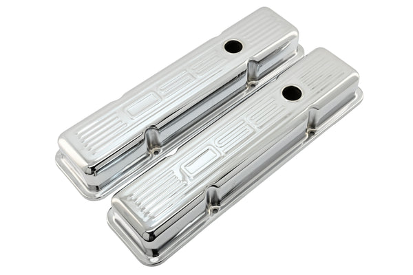 Steel Valve Covers for 1958–1986 Chevy Small Block 283-305-327-350 – Short Style – Stamped 350 Logo with Ball Mill – Chrome