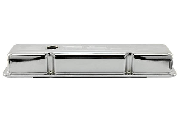 Steel Valve Covers for 1958–1986 Chevy Small Block 283-305-327-350 – Short Style – Stamped 350 Logo with Ball Mill – Chrome