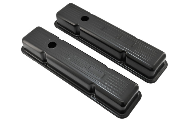 Steel Valve Covers for 1958–1986 Chevy Small Block 283-305-327-350 – Short Style – Stamped 350 Logo with Ball Mill – Black