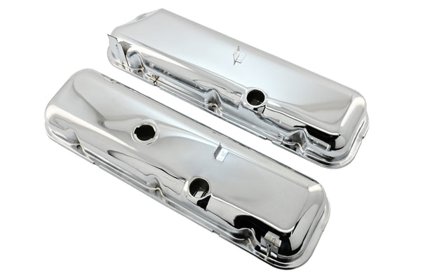Steel OEM‑Style Short Valve Covers Fits 1965–1972 Chevy BB 396‑427‑454 – Recessed Corner – 1–2 Holes – Chrome