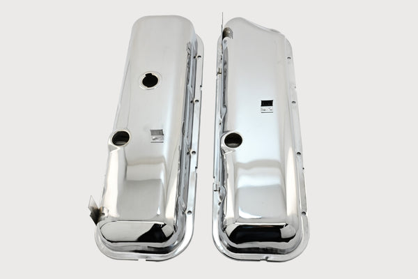 Steel OEM‑Style Short Valve Covers Fits 1965–1972 Chevy BB 396‑427‑454 – Recessed Corner – 1–2 Holes – Chrome