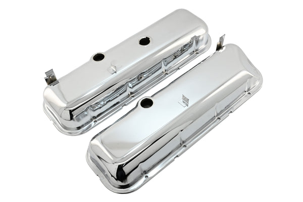 Steel OEM‑Style Short Valve Covers Fits 1965–1972 Chevy BB 396‑427‑454 – Recessed Corner – 1–2 Holes – Chrome
