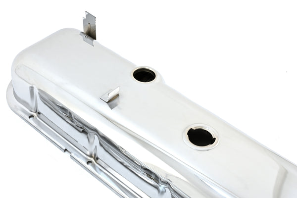 Steel OEM‑Style Short Valve Covers Fits 1965–1972 Chevy BB 396‑427‑454 – Recessed Corner – 1–2 Holes – Chrome