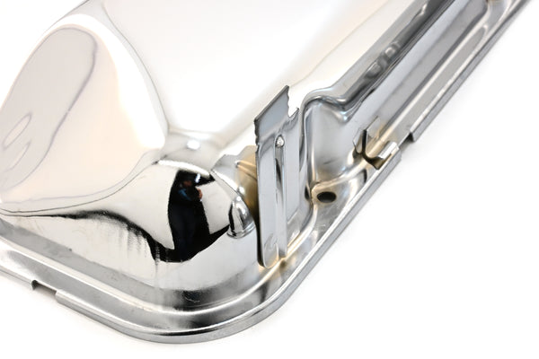 Steel OEM‑Style Short Valve Covers Fits 1965–1972 Chevy BB 396‑427‑454 – Recessed Corner – 1–2 Holes – Chrome