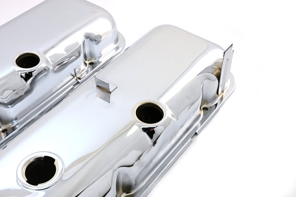 Steel OEM‑Style Short Valve Covers Fits 1965–1972 Chevy BB 396‑427‑454 – Recessed Corner – 1–2 Holes – Chrome