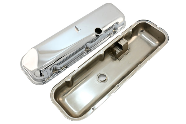 Steel OEM‑Style Short Valve Covers Fits 1965–1972 Chevy BB 396‑427‑454 – Recessed Corner – 1–2 Holes – Chrome