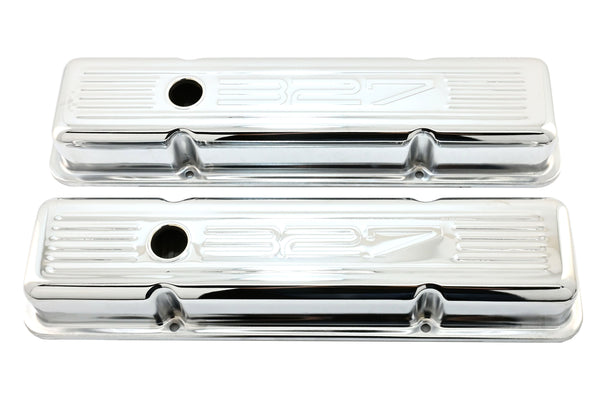 1958-86 CHEVY SMALL BLOCK 327 SHORT STEEL VALVE COVERS - CHROME W- 327 LOGO
