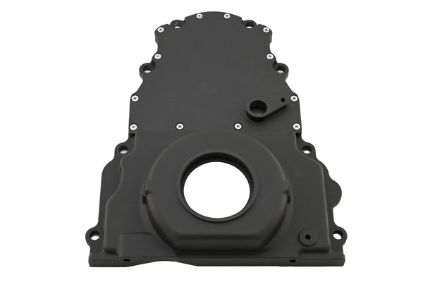 ALUMINUM CHEVY LS TWO PIECE TIMING CHAIN COVER W CAM SENSOR HOLE - BLACK