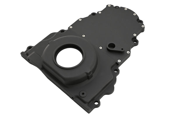 ALUMINUM CHEVY LS TWO PIECE TIMING CHAIN COVER W CAM SENSOR HOLE - BLACK