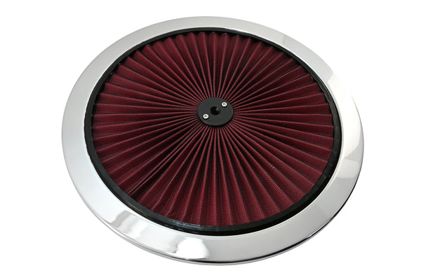 Cotton Universal Top-Flow Round Washable Air Cleaner Top – Red Filter with Chrome Ring