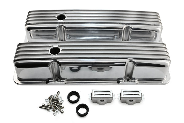 Aluminum Tall Valve Covers Fits 1958–86 Chevy Small Block 283/305 / 327/350 / 383/400 – Full Finned – Polished Finish
