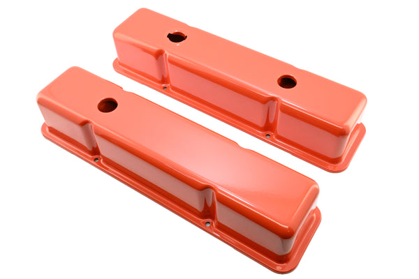 1958-86 STEEL CHEVY SMALL BLOCK 283-305-327-350-400 TALL SMOOTH VALVE COVERS - ORANGE