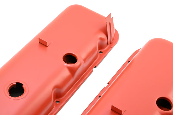 1965-72 CHEVY BIG BLOCK 396-427-454 SHORT OEM STYLE STEEL VALVE COVERS W- DRIPPER RAILS - ORANGE