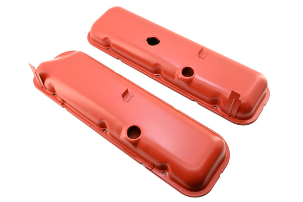 1965-72 CHEVY BIG BLOCK 396-427-454 SHORT OEM STYLE STEEL VALVE COVERS W- DRIPPER RAILS - ORANGE